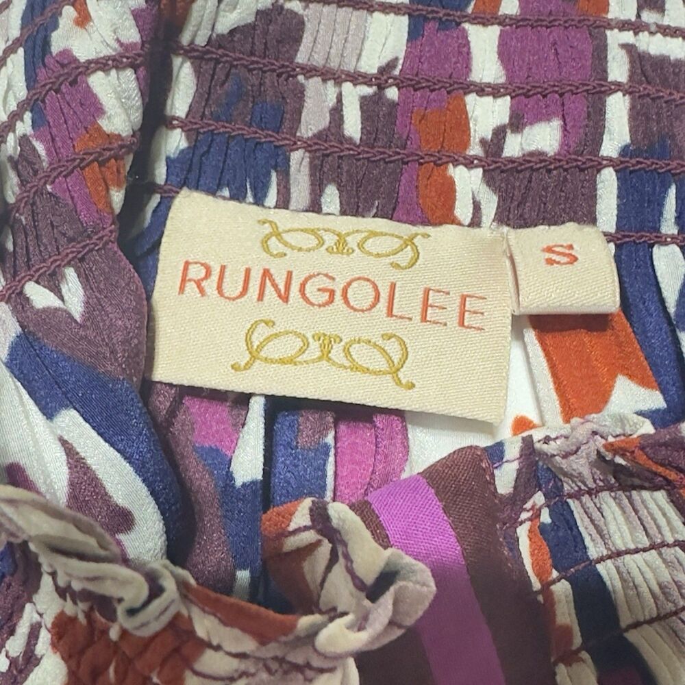 Rungolee Silk Blouse Size S Abstract Print Smocked Neck & Cuff Long Sleeve Top - Picture 5 of 10